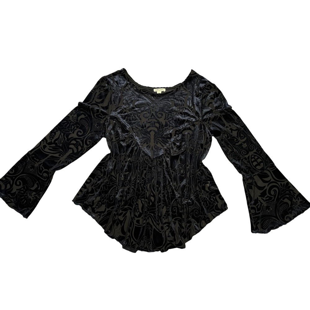 Ultra Pink Navy Blue Burnout Velvet Bell Sleeve Babydoll Top Large
